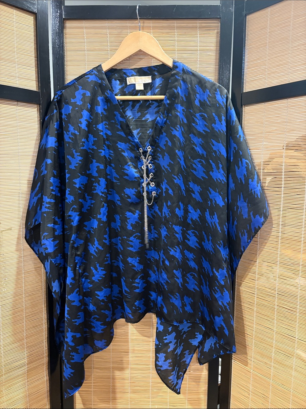 Michael Kors Blue and Black Pattern V-Neck Tunic with Toggle Detail